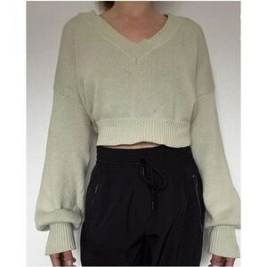 Lulus Women Mint Green Cropped Knit V-Neck Sweater Top Pullover Fall Winter L